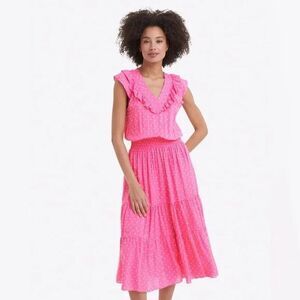 Draper James Marie Midi Dress Size XL Pink Polka Dot Tiered Ruffle Smocked